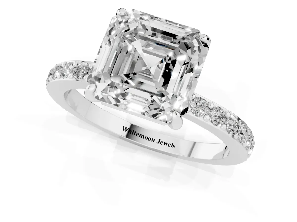 Asscher Cut Diamond Pavé Engagement Ring with Round Accents and Prong Setting Silver