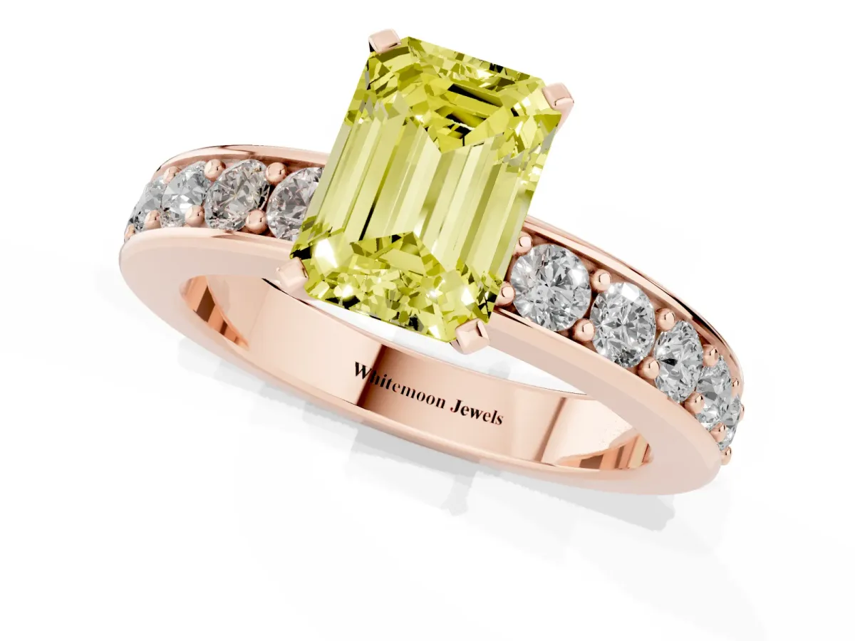 Fancy Yellow Emerald Cut Diamond Engagement Ring with Channel Set Round Band and Prong Setting Rose gold
