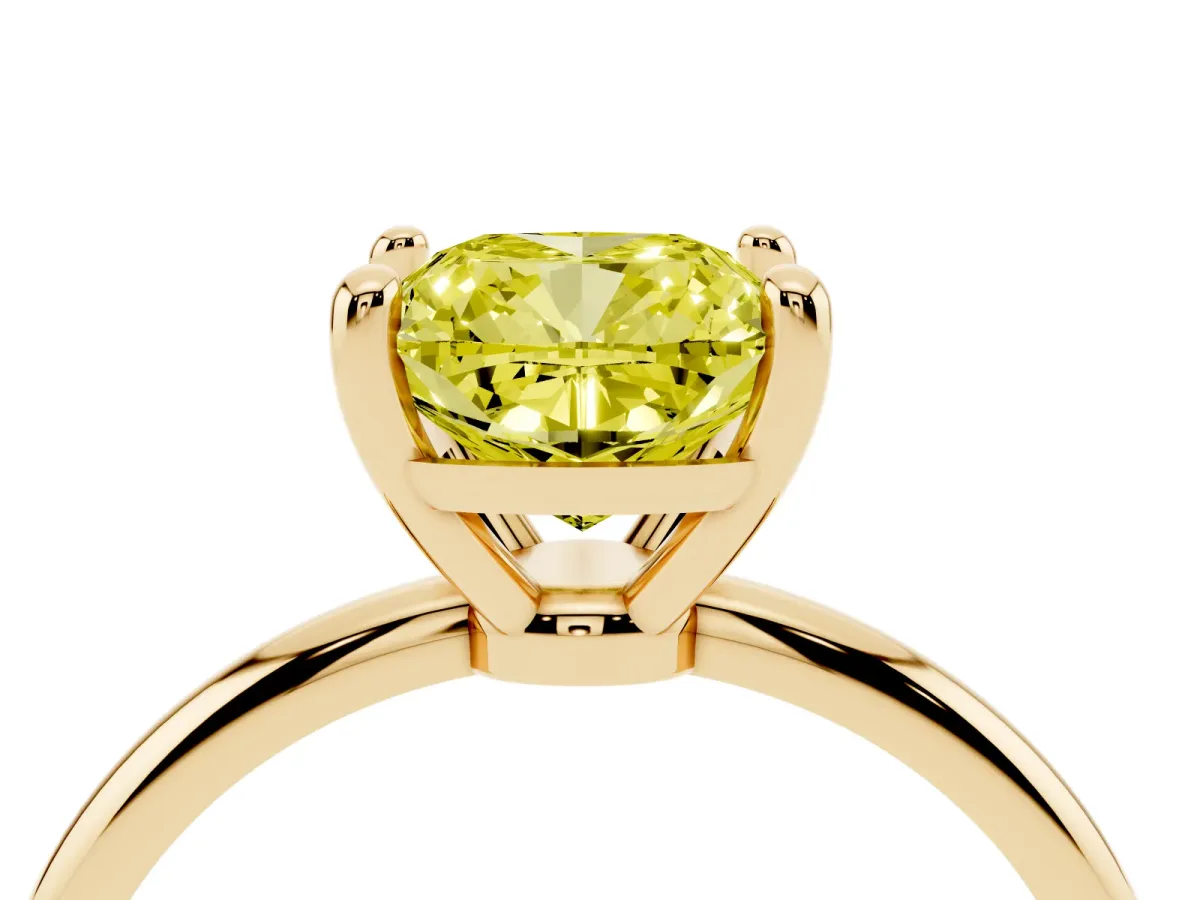 Fancy Yellow Cushion Cut Solitaire Diamond Ring with 4-Prong Setting on a Classic Band Yellow gold