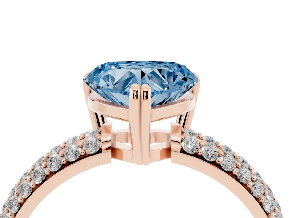 Fancy Blue Heart Cut Diamond Solitaire Ring with Multi-Row Round Pavé Band and Prong Setting Rose gold
