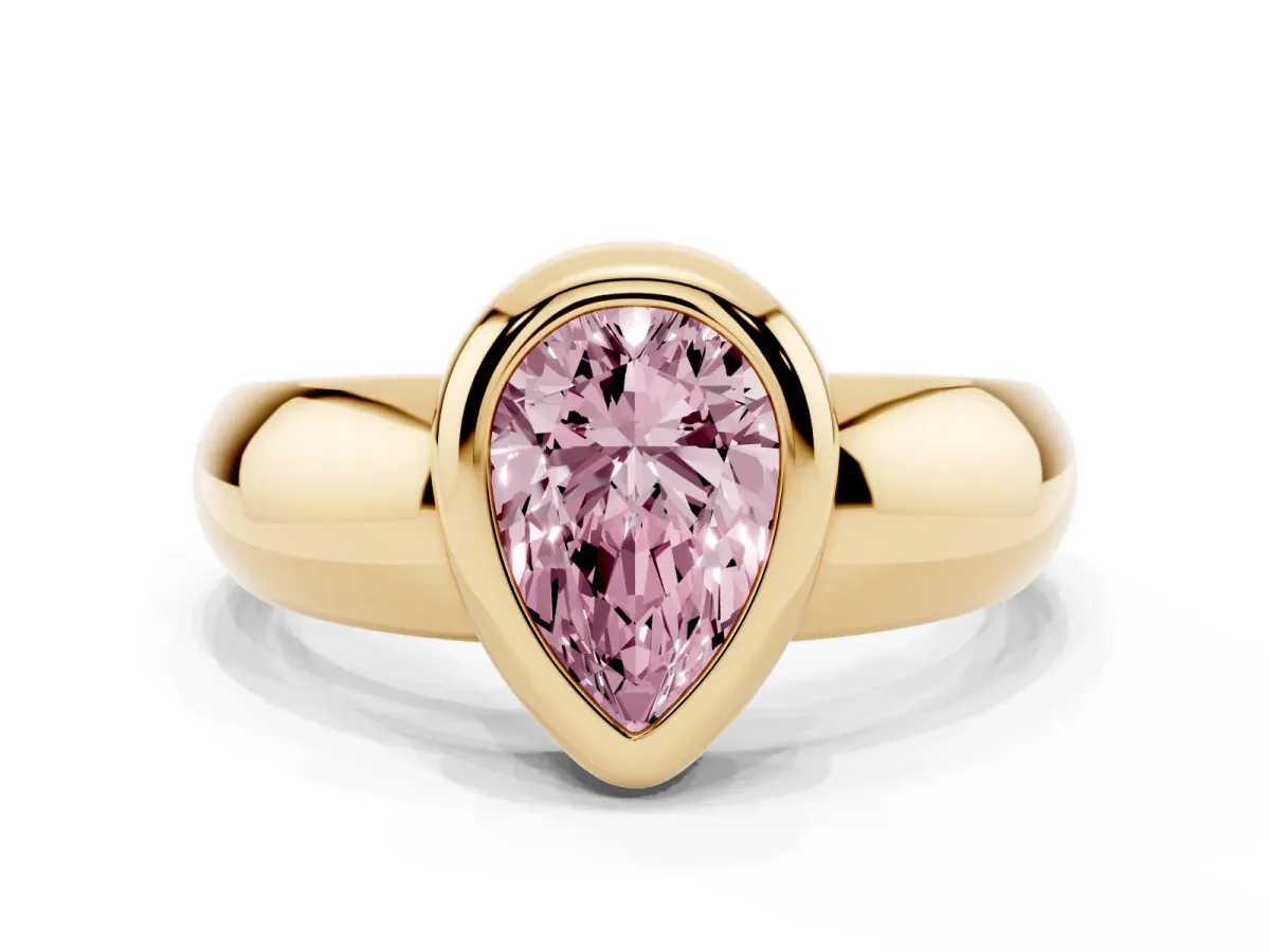 Fancy Pink Bezel Set Pear Cut Solitaire Ring with Wide Band Yellow gold