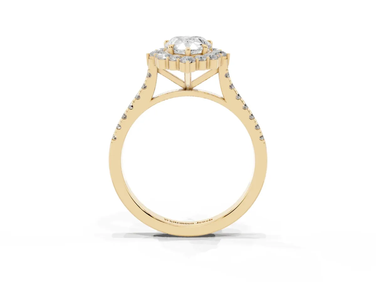 Pear Cut Halo Diamond Ring with Pavé Band and Prong Setting Yellow gold