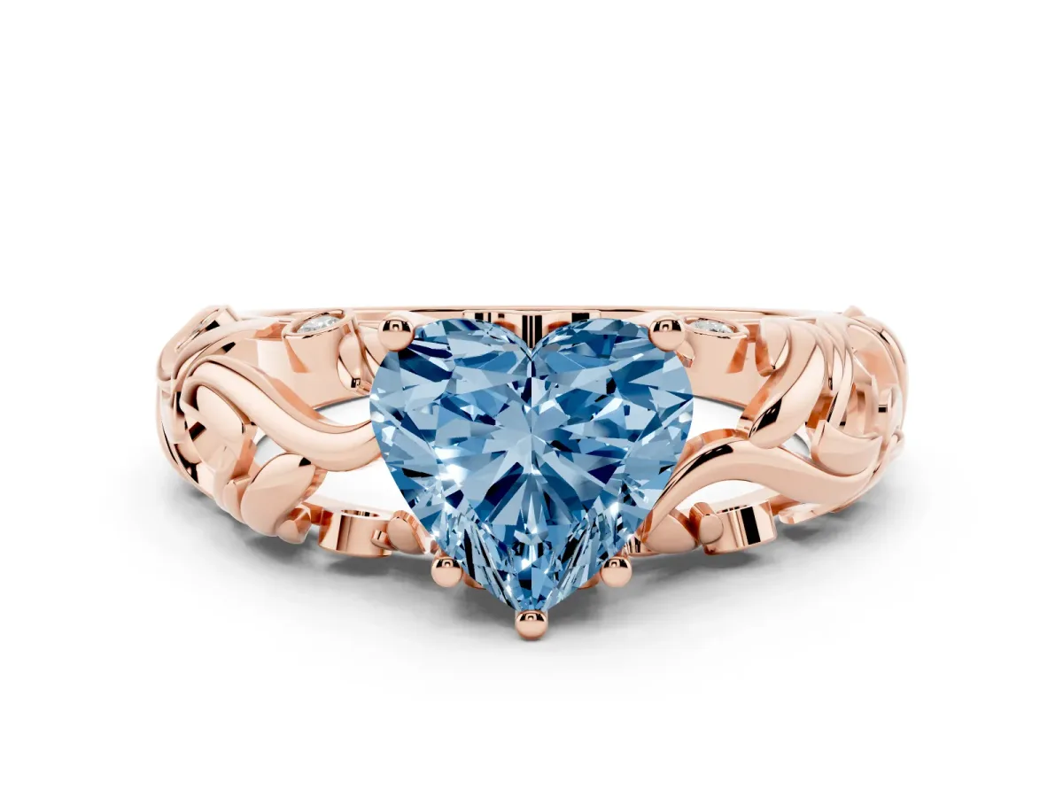 Fancy Blue Heart Cut Solitaire Diamond Leaf-Inspired Vine Band Ring with Prong Setting Rose gold