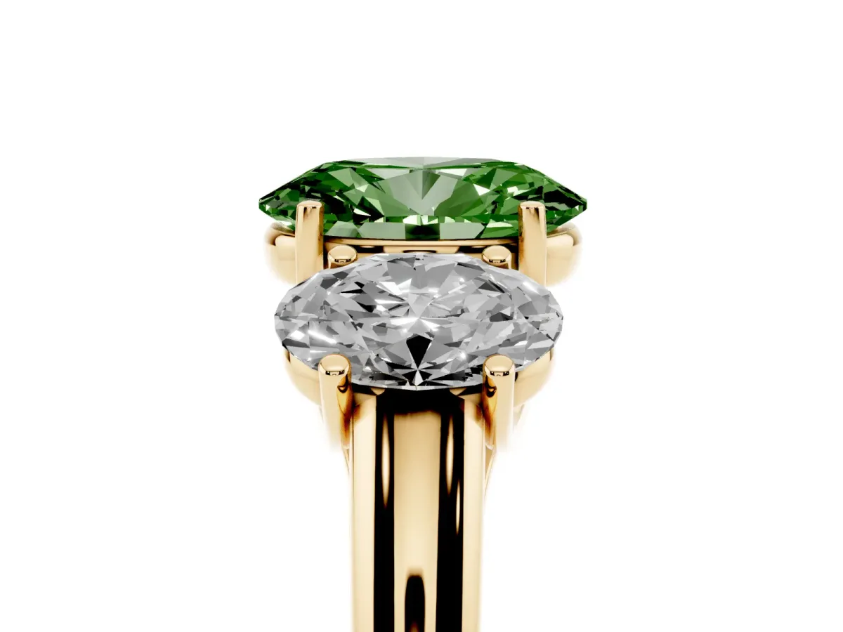 Fancy Green Three-Stone Oval Cut Diamond Engagement Ring with Prong Setting Yellow gold