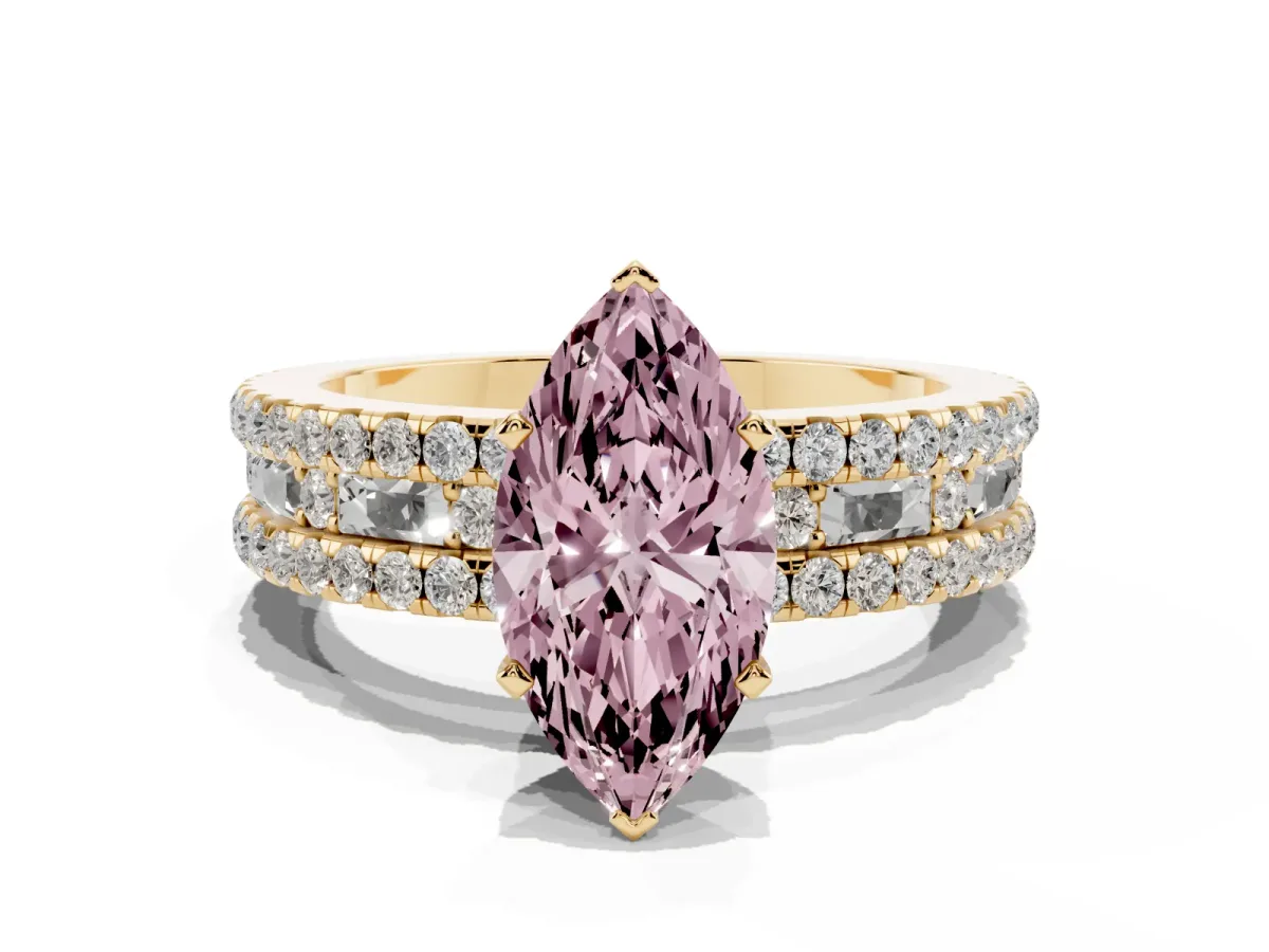 Fancy Pink Marquise Cut Diamond Solitaire Ring with Pavé and Channel Set Band Yellow gold