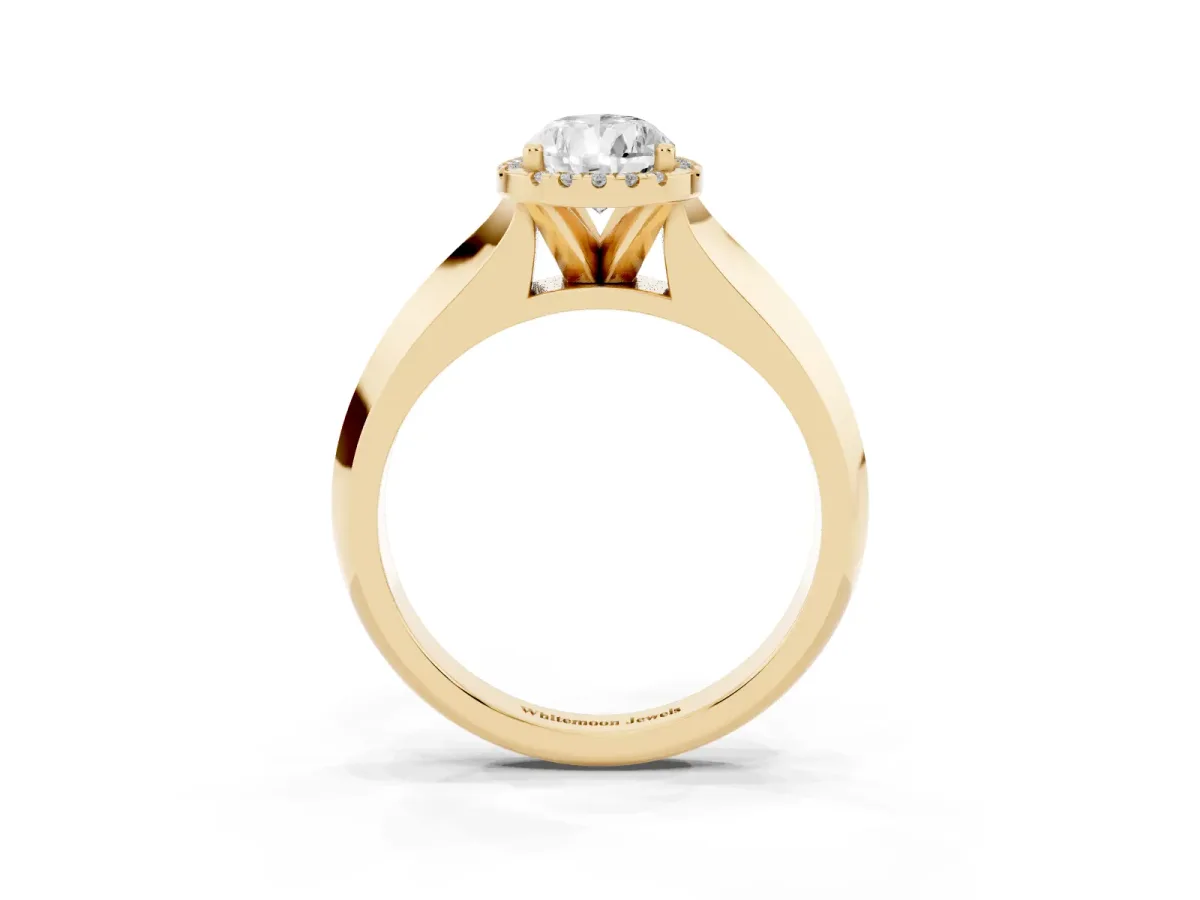 Pear Cut Halo Diamond Ring with Cathedral Band and Four-Prong Setting Yellow gold
