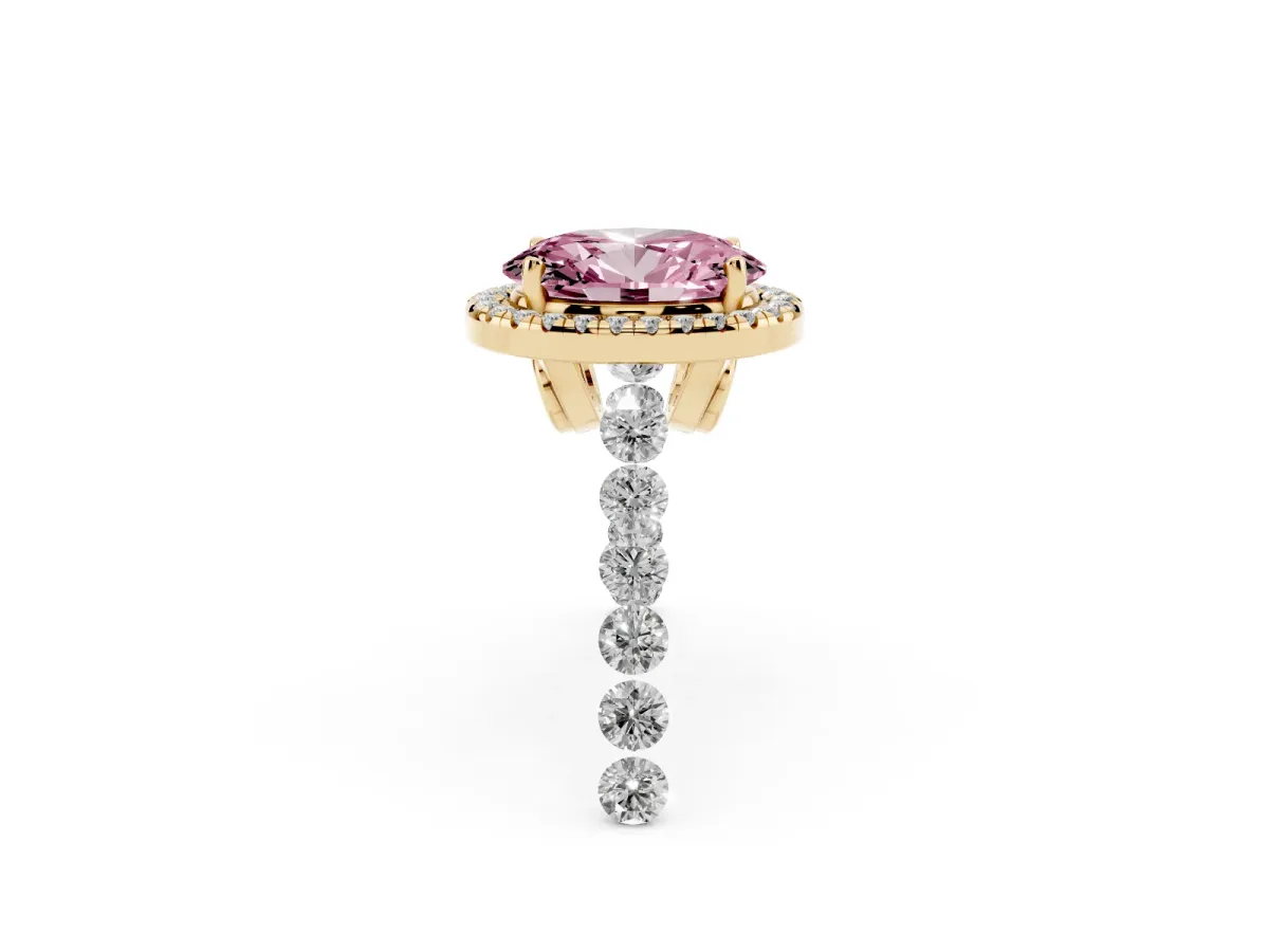 Fancy Pink Oval Cut Halo Pavé Diamond Engagement Ring with Four-Prong Setting Yellow gold