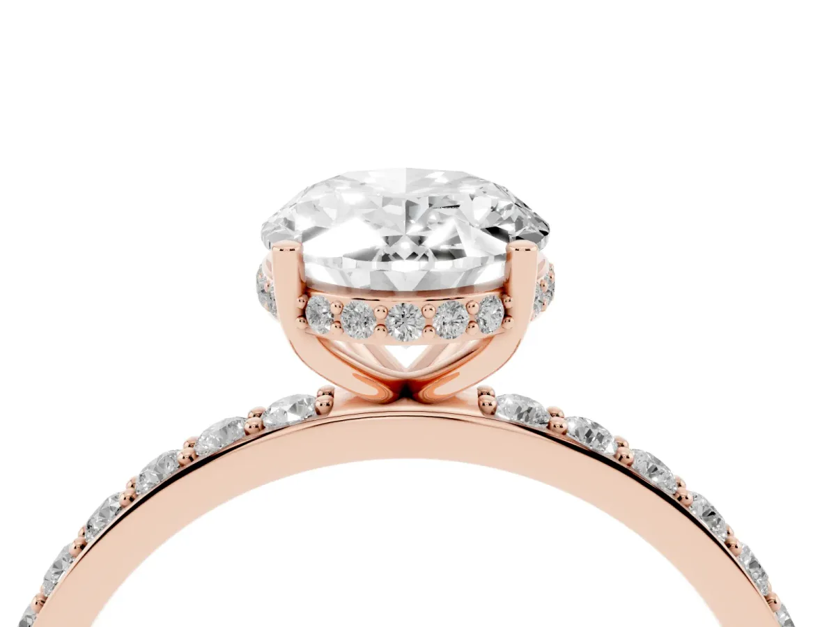 Oval Cut Diamond Solitaire Ring with Pavé Band and Hidden Halo Rose gold