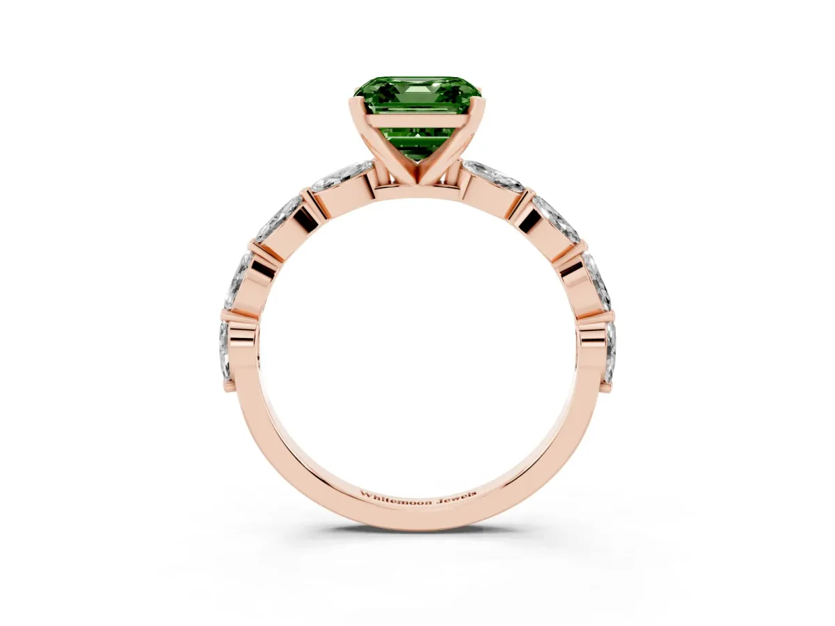 Fancy Green Asscher Cut Diamond Ring with Marquise Side Stones and Prong Setting Rose gold