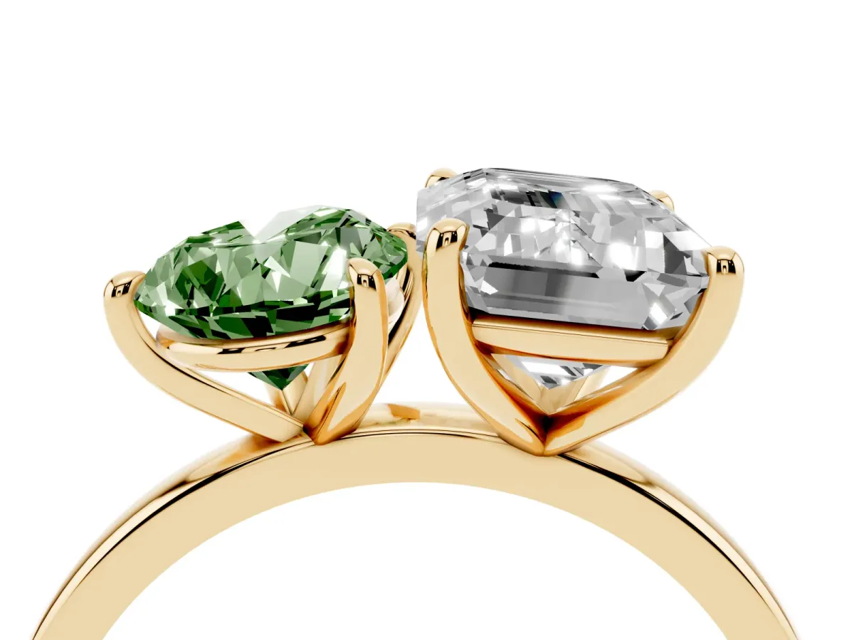 Fancy Green Pear Cut and Emerald Cut Toi Moi Ring with Prong Setting Yellow gold