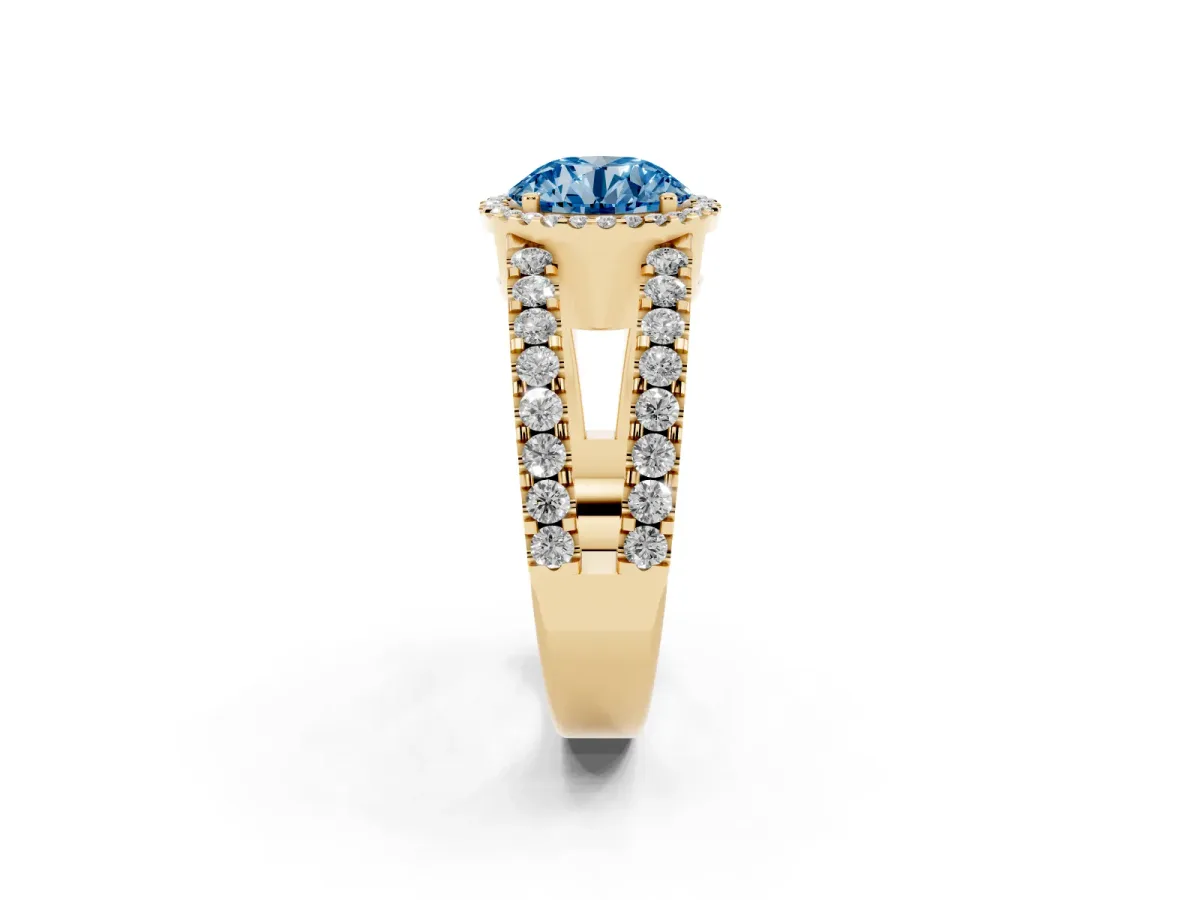 Fancy Blue Round Cut Cut Halo Split Shank Diamond Ring with Four-Prong Setting Yellow gold