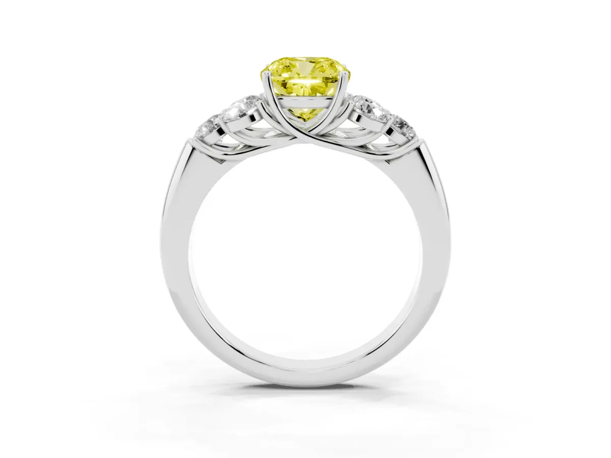 Fancy Yellow Cushion Cut Cut Diamond Cluster Ring with Round Accent Stones and Prong Setting on a Classic Band White gold