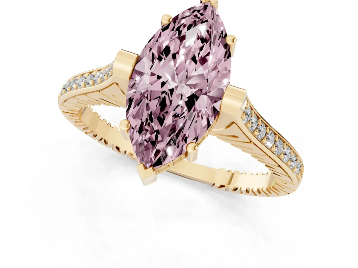 Fancy Pink Marquise Cut Solitaire Diamond Ring with Channel Set Band and Bezel Prong Setting Yellow gold