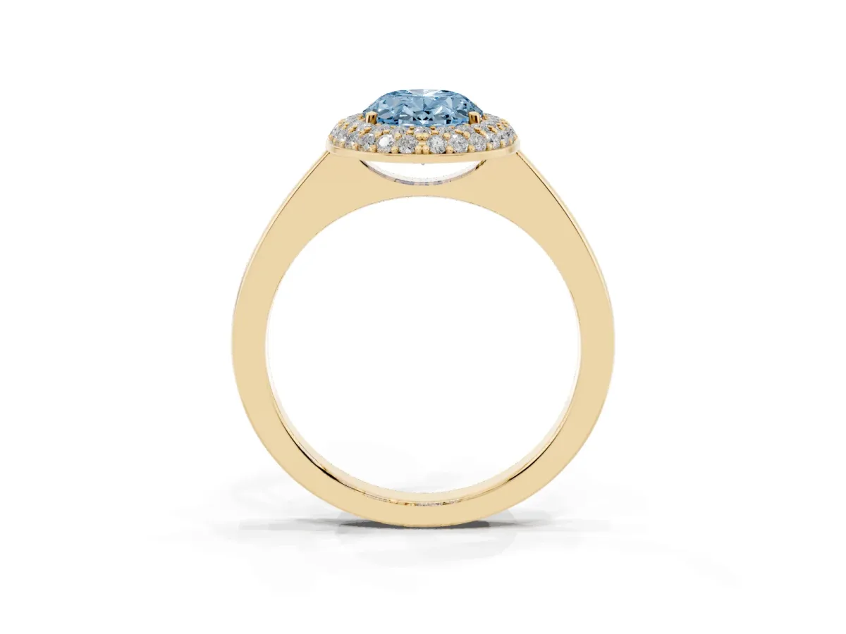 Fancy Blue Oval Cut Halo Diamond Engagement Ring with Solitaire Band and Four-Prong Setting Yellow gold