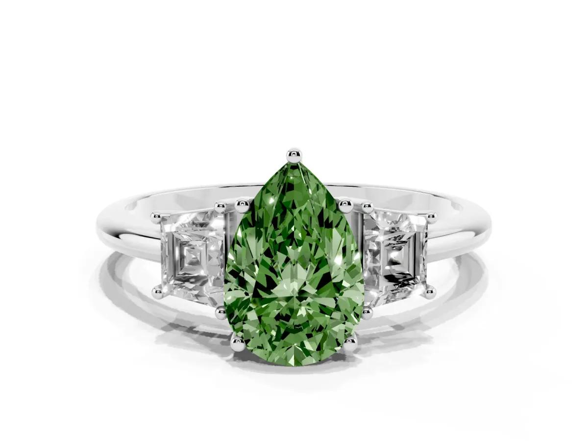 Fancy Green Pear Cut Diamond Three-Stone Ring with Trapezoid Side Stones and Prong Setting Silver