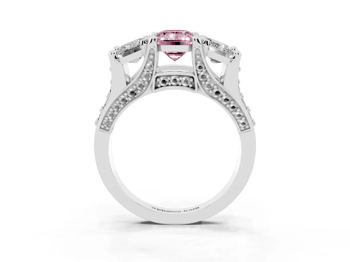 Fancy Pink Emerald Cut Diamond Three-Stone Ring with Channel Set Band and Four-Prong Setting Silver