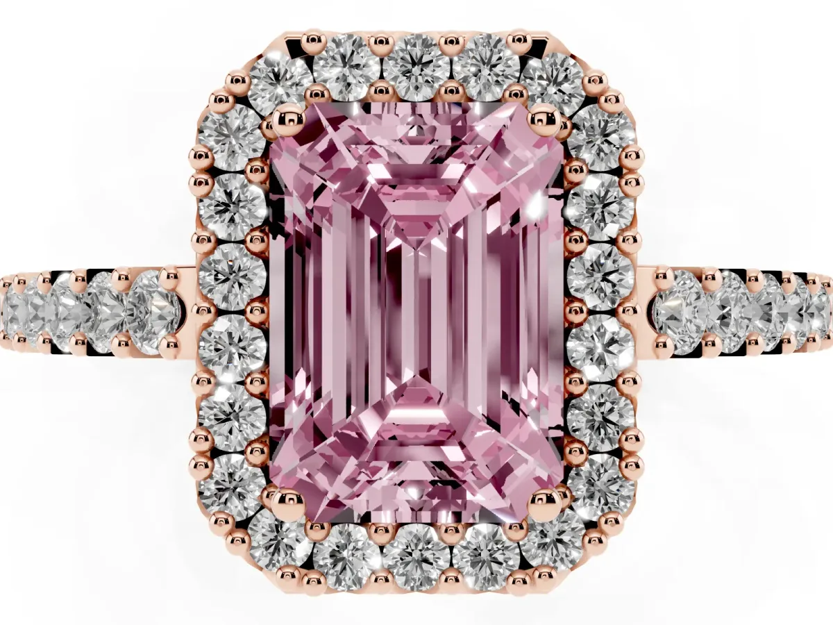 Fancy Pink Emerald Cut Halo Diamond Pavé Solitaire Ring Rose gold