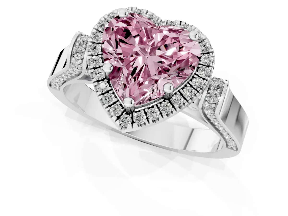 Fancy Pink Heart Cut Halo Round Diamond Twist Band with Four-Prong Setting Platinum