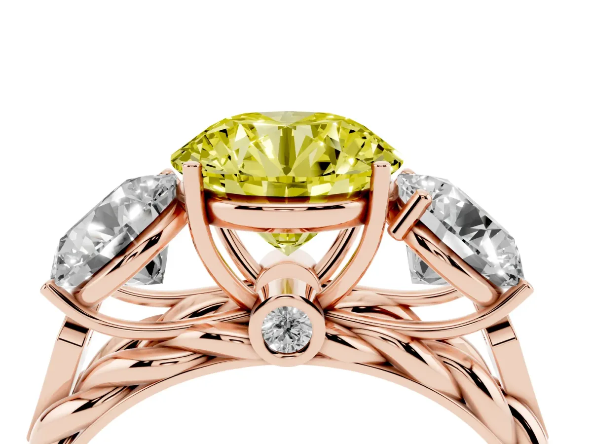 Fancy Yellow Three-Stone Round Cut Diamond Braided Band Ring with Four-Prong Setting Rose gold
