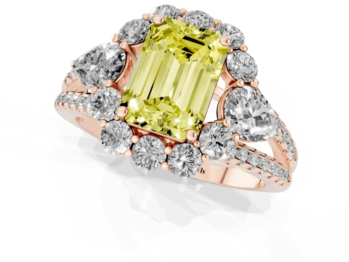 Fancy Yellow Emerald Cut Halo Split Shank Diamond Engagement Ring with Prong Setting Rose gold