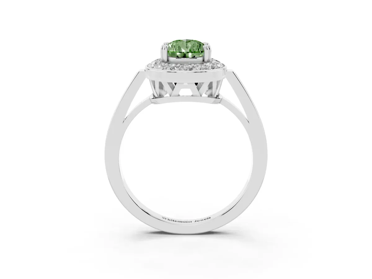 Fancy Green Pear Cut Diamond Halo Ring with Split Shank and Four-Prong Setting Silver