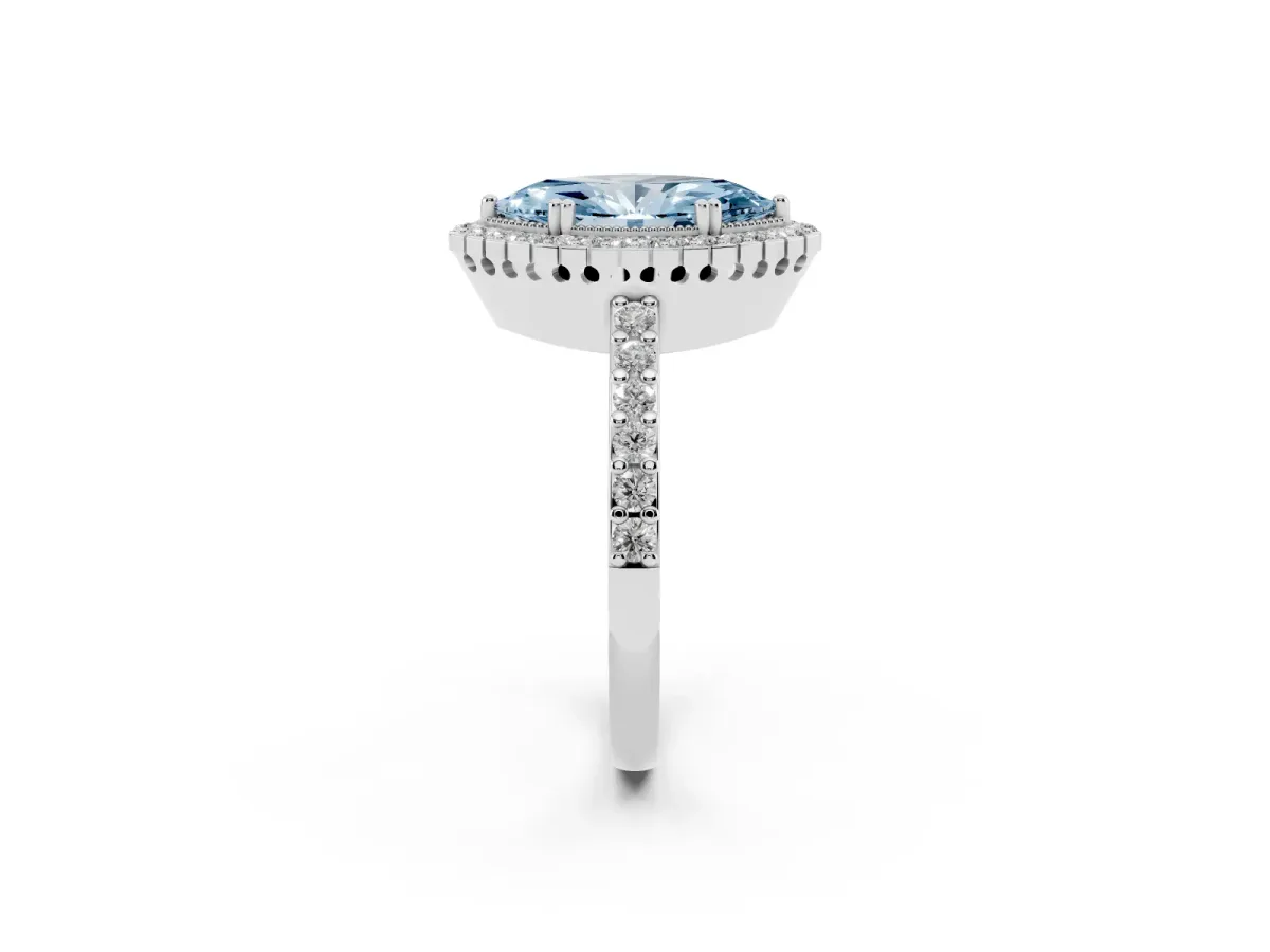 Fancy Blue Marquise Cut Cut Diamond Halo Engagement Ring with Milgrain Detail and Pavé Band White gold
