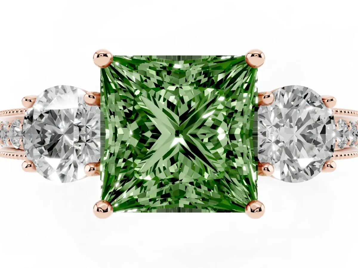 Fancy Green Princess Cut Three-Stone Diamond Ring with Pavé Band and Four-Prong Setting Rose gold