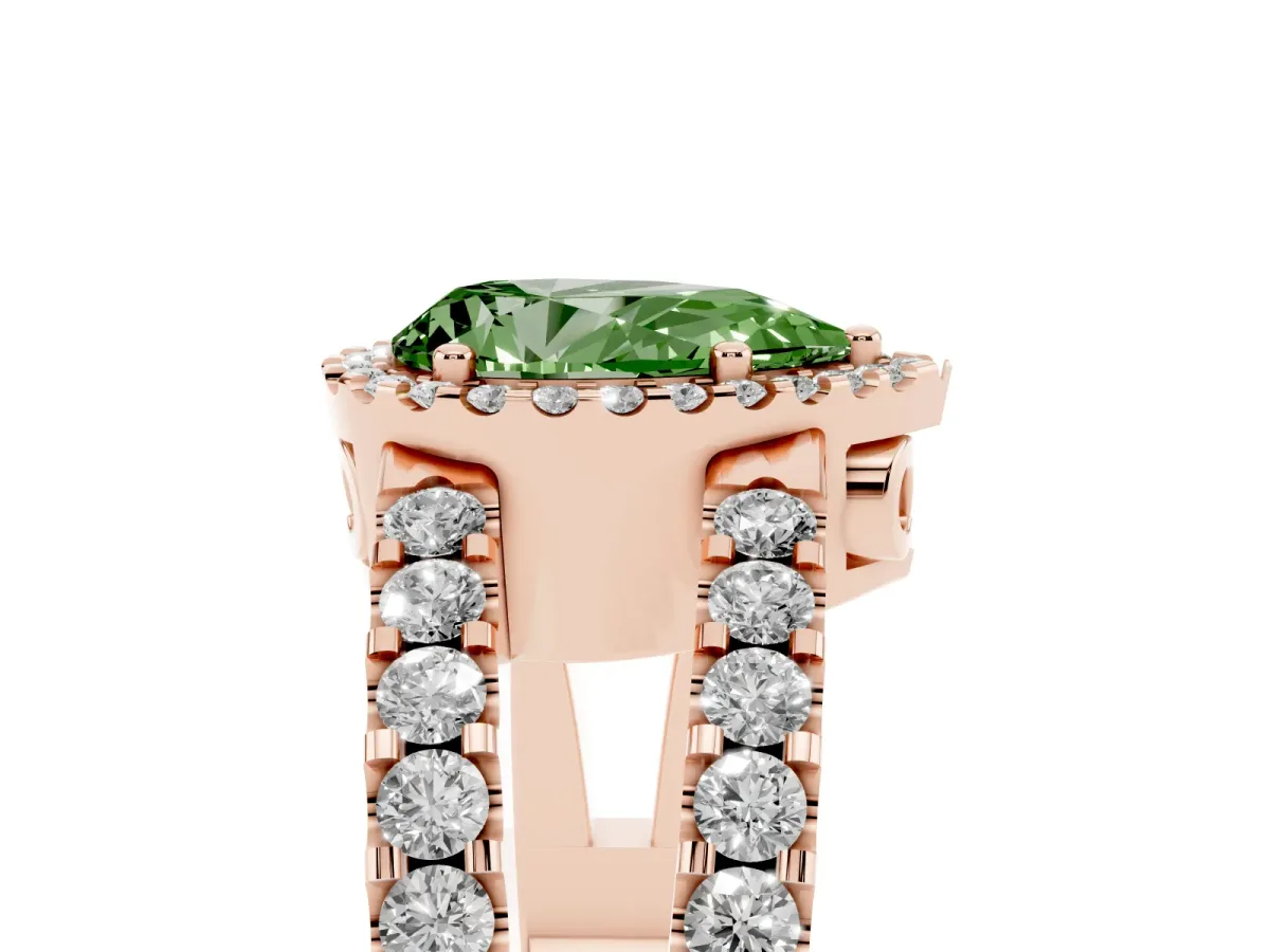 Fancy Green Pear Cut Cut Halo Split Shank Diamond Ring with Four-Prong Setting Rose gold