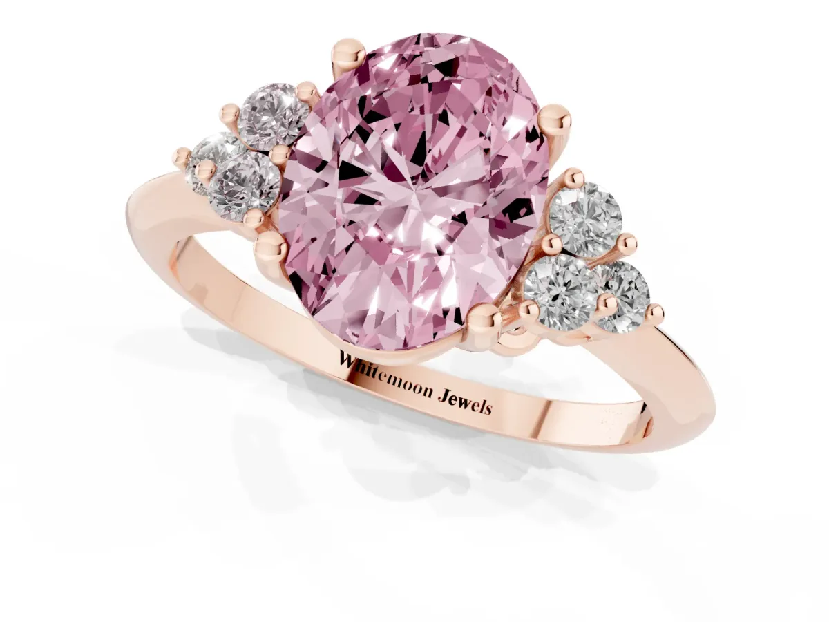 Fancy Pink Oval Cut Cut Diamond Cluster Ring with Solitaire Band and Four-Prong Setting Rose gold