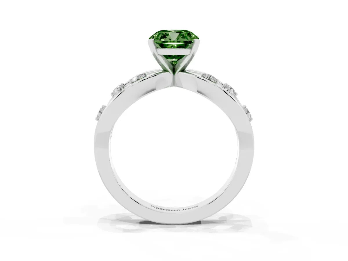 Fancy Green Cushion Cut Cut Solitaire Diamond with Side Stones on Criss-Cross Band and Four-Prong Setting Silver