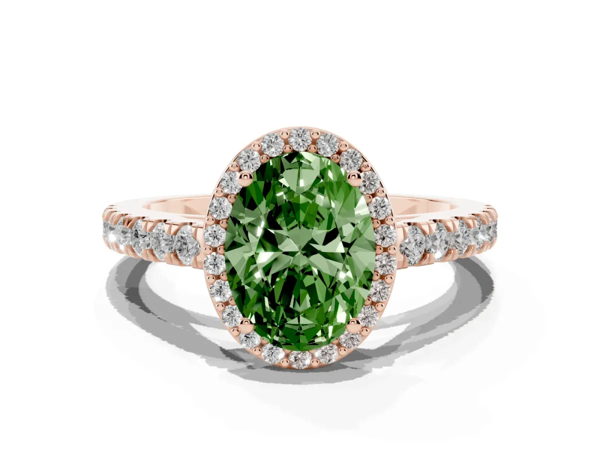 Fancy Green Oval Cut Cut Halo Diamond Engagement Ring with Pave Band and Four-Prong Setting Rose gold