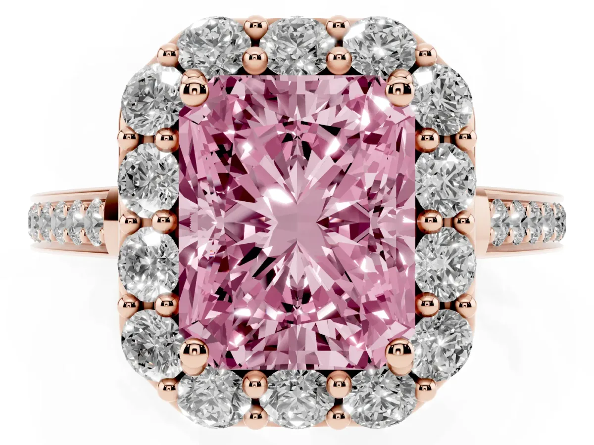Fancy Pink Radiant Cut Diamond Floral Halo Ring with Pavé Band and Prong Setting Rose gold
