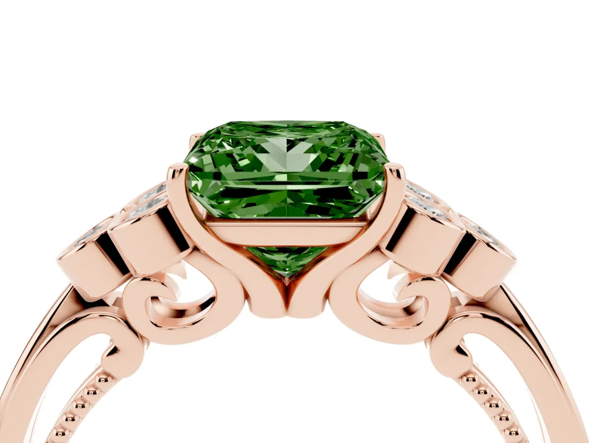 Fancy Green Princess Cut Cut Diamond Engagement Ring with Bezel Set Round Side Stones and Prong Setting Rose gold