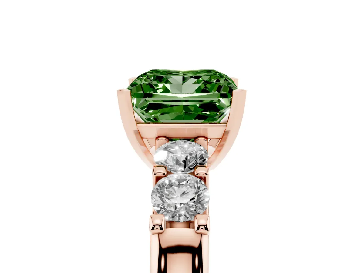 Fancy Green Princess Cut Brilliant Cut Diamond Five-Stone Prong Set Engagement Ring with Channel Band Rose gold