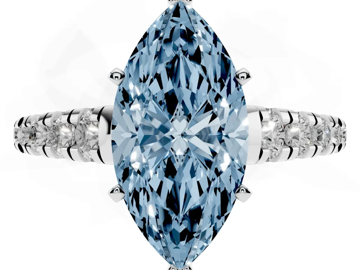 Fancy Blue Marquise Cut Diamond Cathedral Solitaire Ring with Round Pavé Band Silver