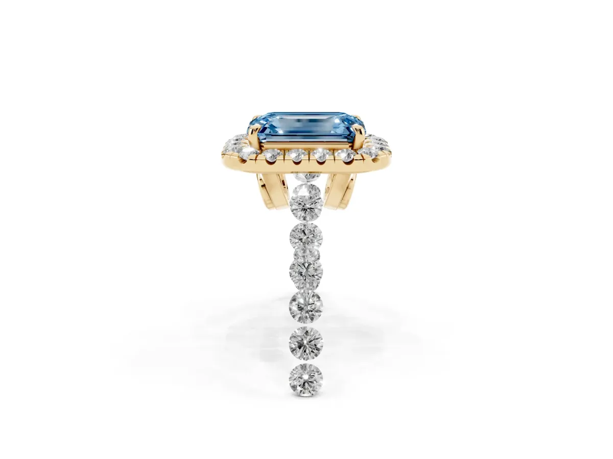 Fancy Blue Emerald Cut Halo Pavé Diamond Engagement Ring with Four-Prong Setting Yellow gold
