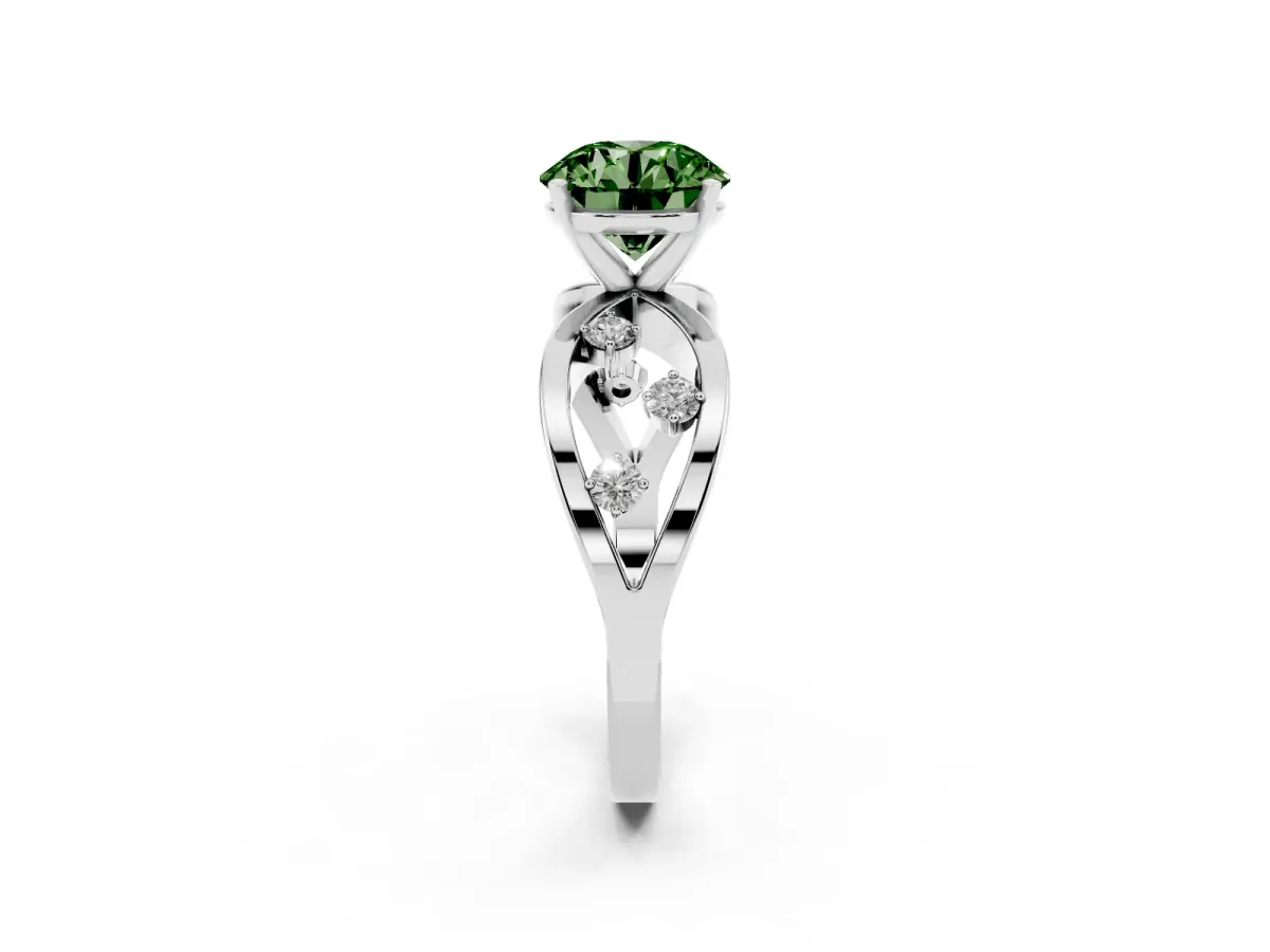 Fancy Green Round Cut Cut Solitaire Diamond with Side Stones on Criss-Cross Band and Four-Prong Setting Platinum