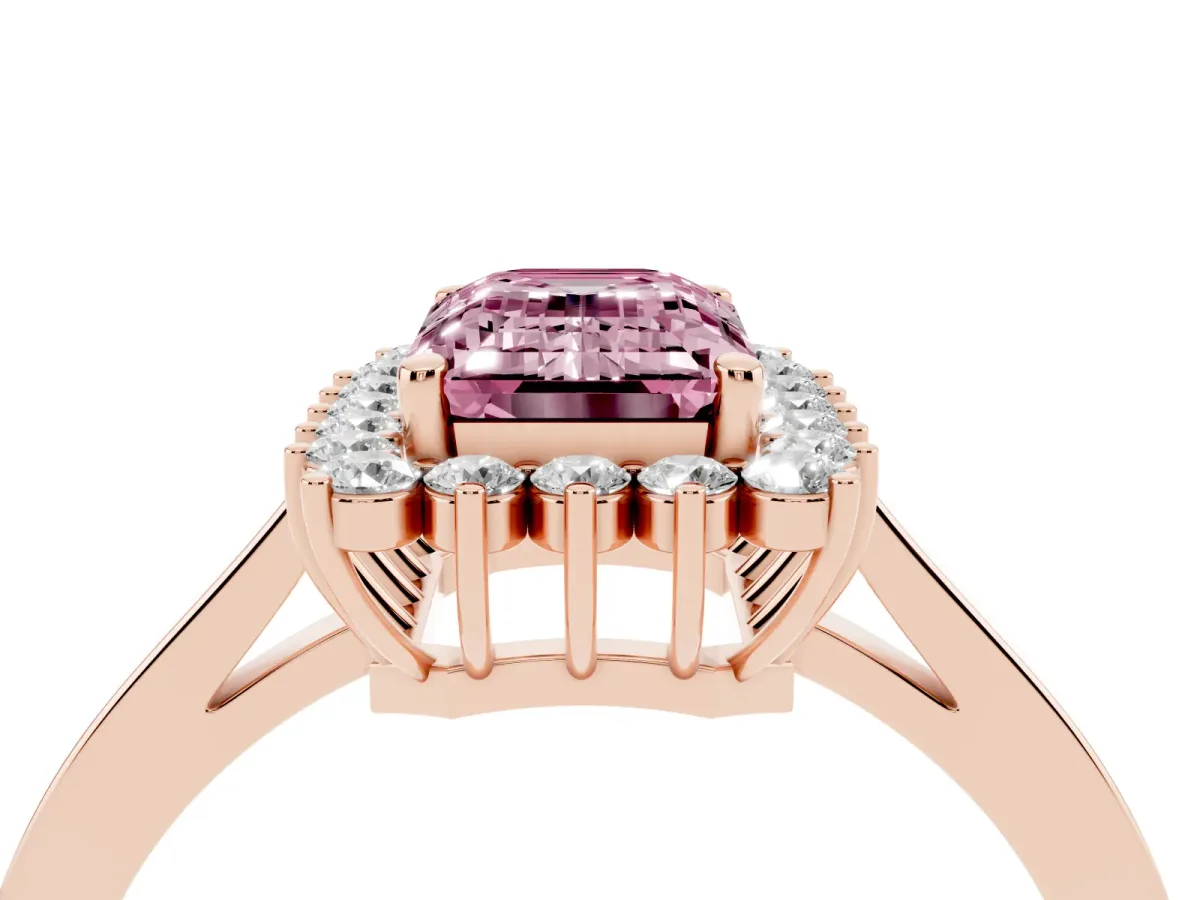 Fancy Pink Emerald Cut Cut Diamond Halo Ring with Round Brilliant Halo and Solitaire Band Rose gold