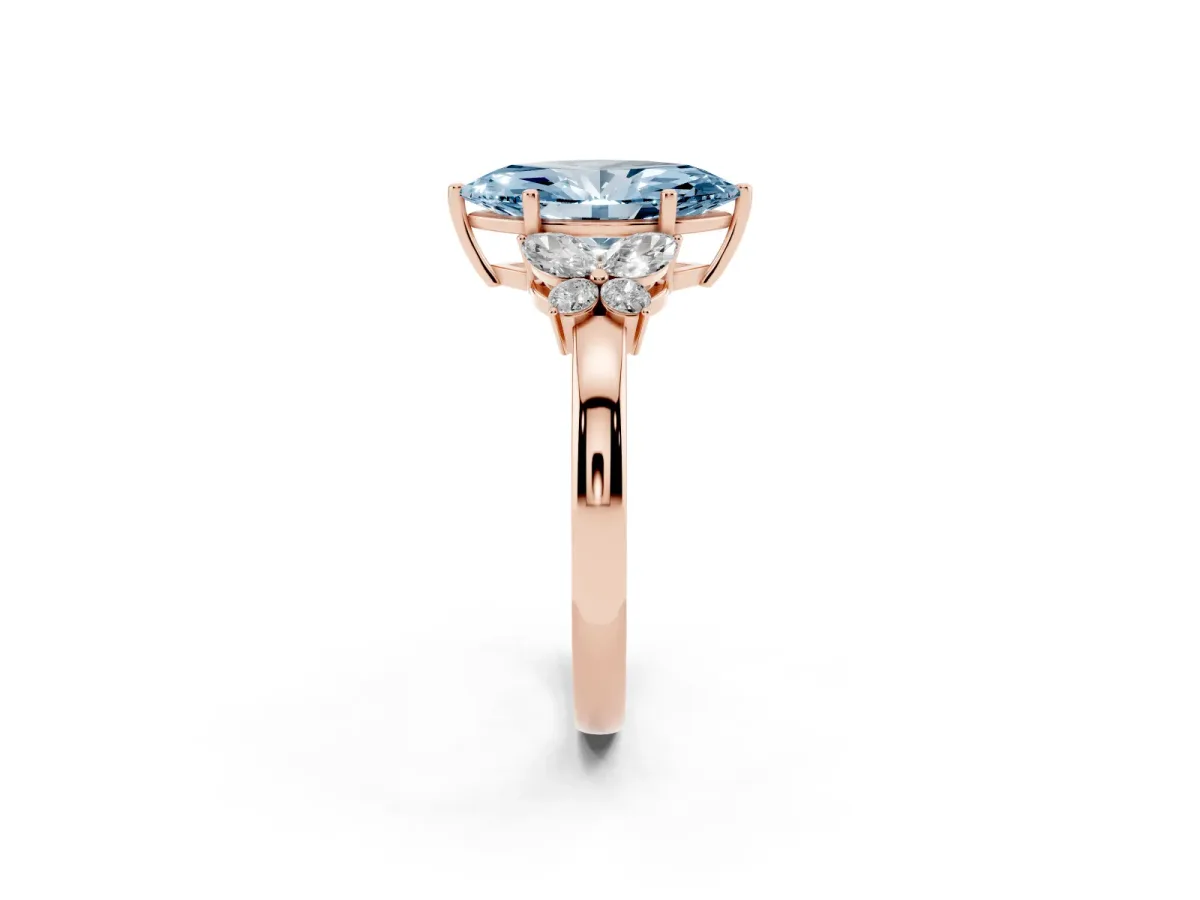 Fancy Blue Marquise Cut Cut Solitaire Floral Diamond Ring with Four-Prong Setting Rose gold