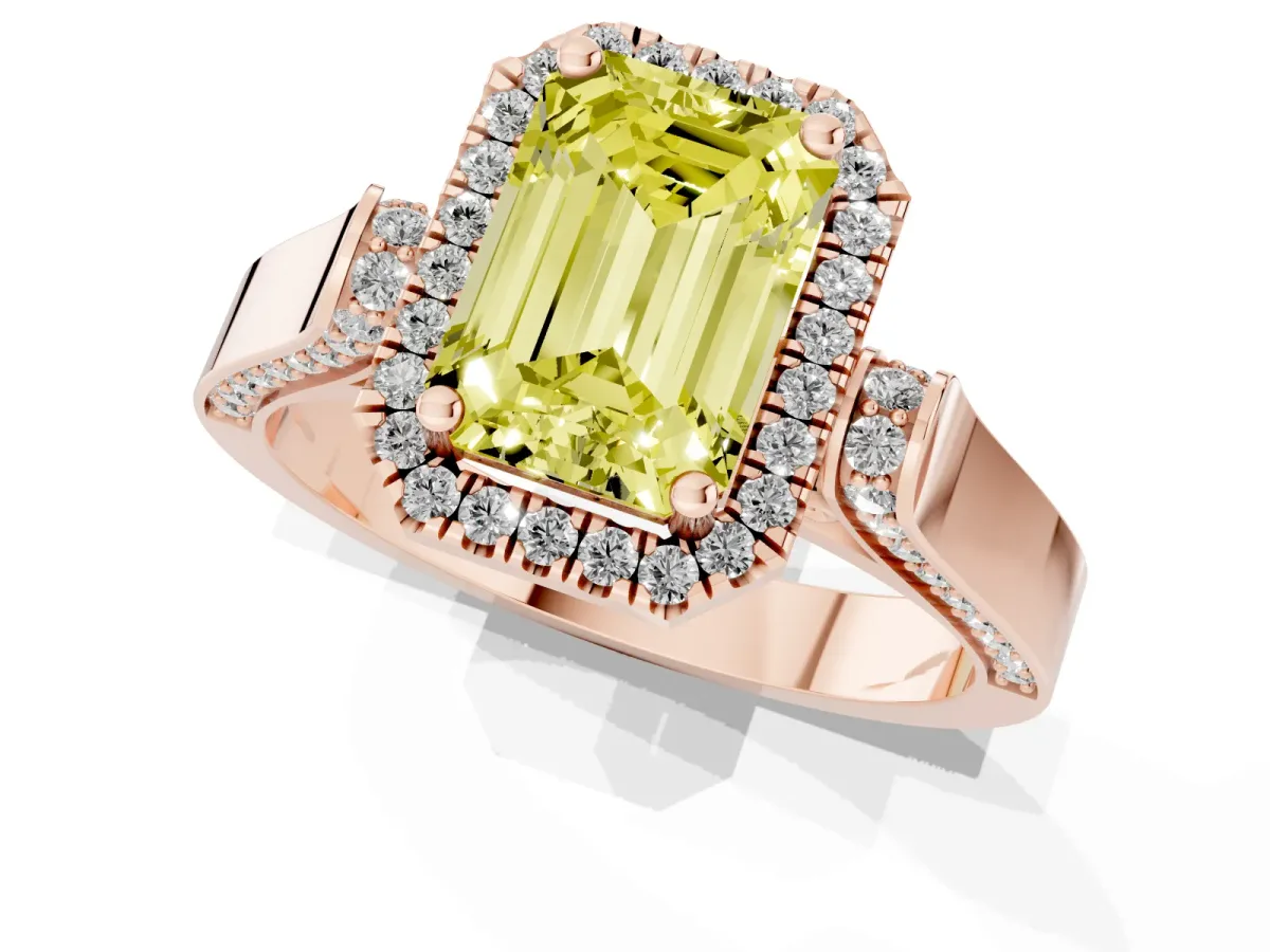 Fancy Yellow Emerald Cut Halo Pave Split Shank Prong Setting Ring Rose gold