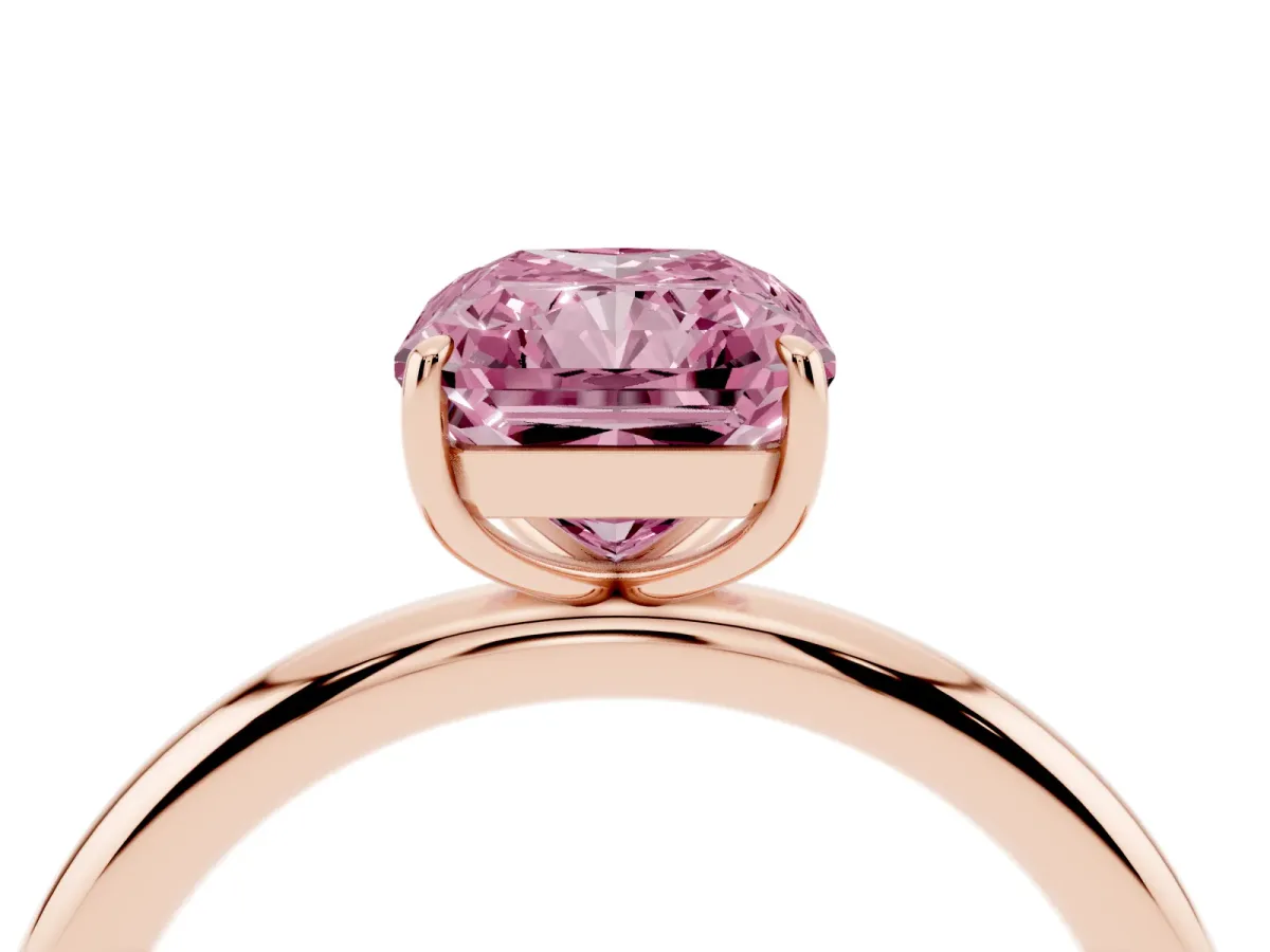 Fancy Pink Radiant Cut Solitaire Diamond Ring with Four-Prong Setting on a Plain Band Rose gold