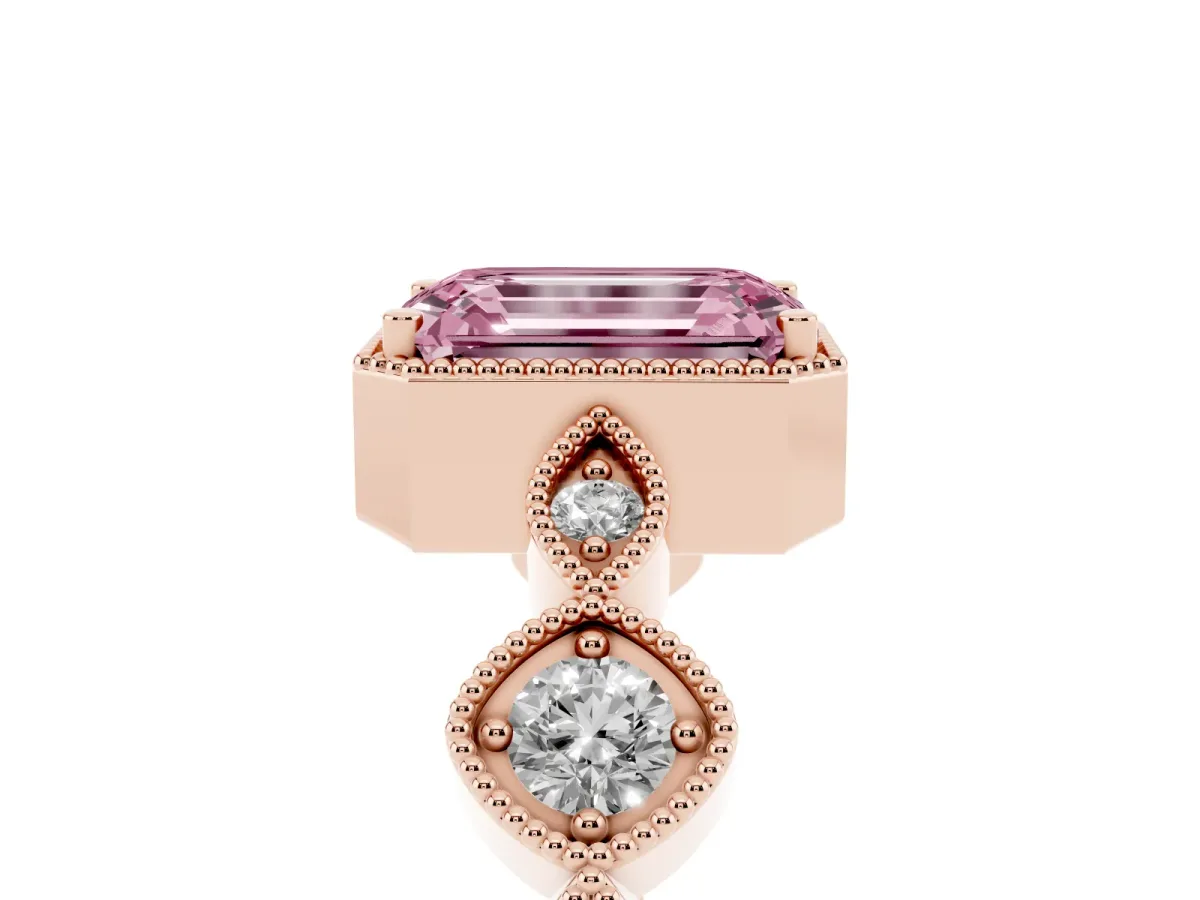 Fancy Pink Emerald Cut Diamond Vintage Milgrain Ring with Round Stations Rose gold