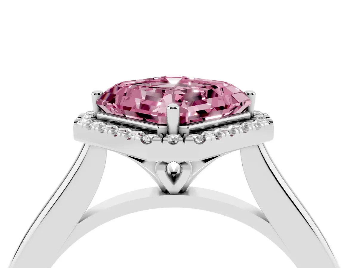 Fancy Pink Asscher Cut Halo Round Diamond Solitaire Engagement Ring with Pave Band and Four-Prong Setting Platinum