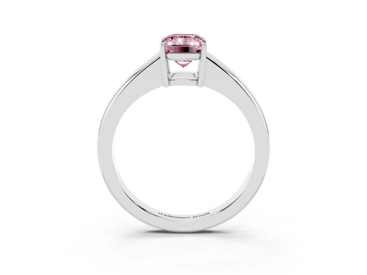 Fancy Pink Emerald Cut Solitaire Diamond Ring with Tapered Band and Four-Prong Setting White gold