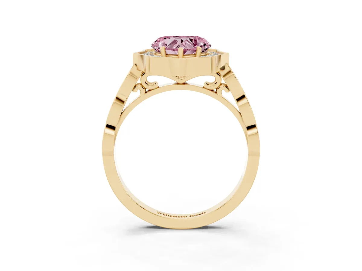 Fancy Pink Heart Cut Halo Diamond Engagement Ring with Milgrain Band and Four-Prong Setting Yellow gold