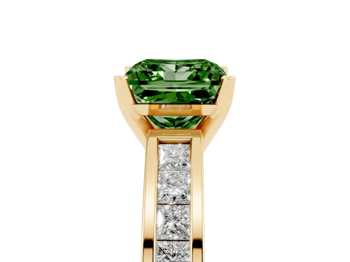 Fancy Green Princess Cut Solitaire Diamond Ring with Channel-Set Band and Four-Prong Setting Yellow gold