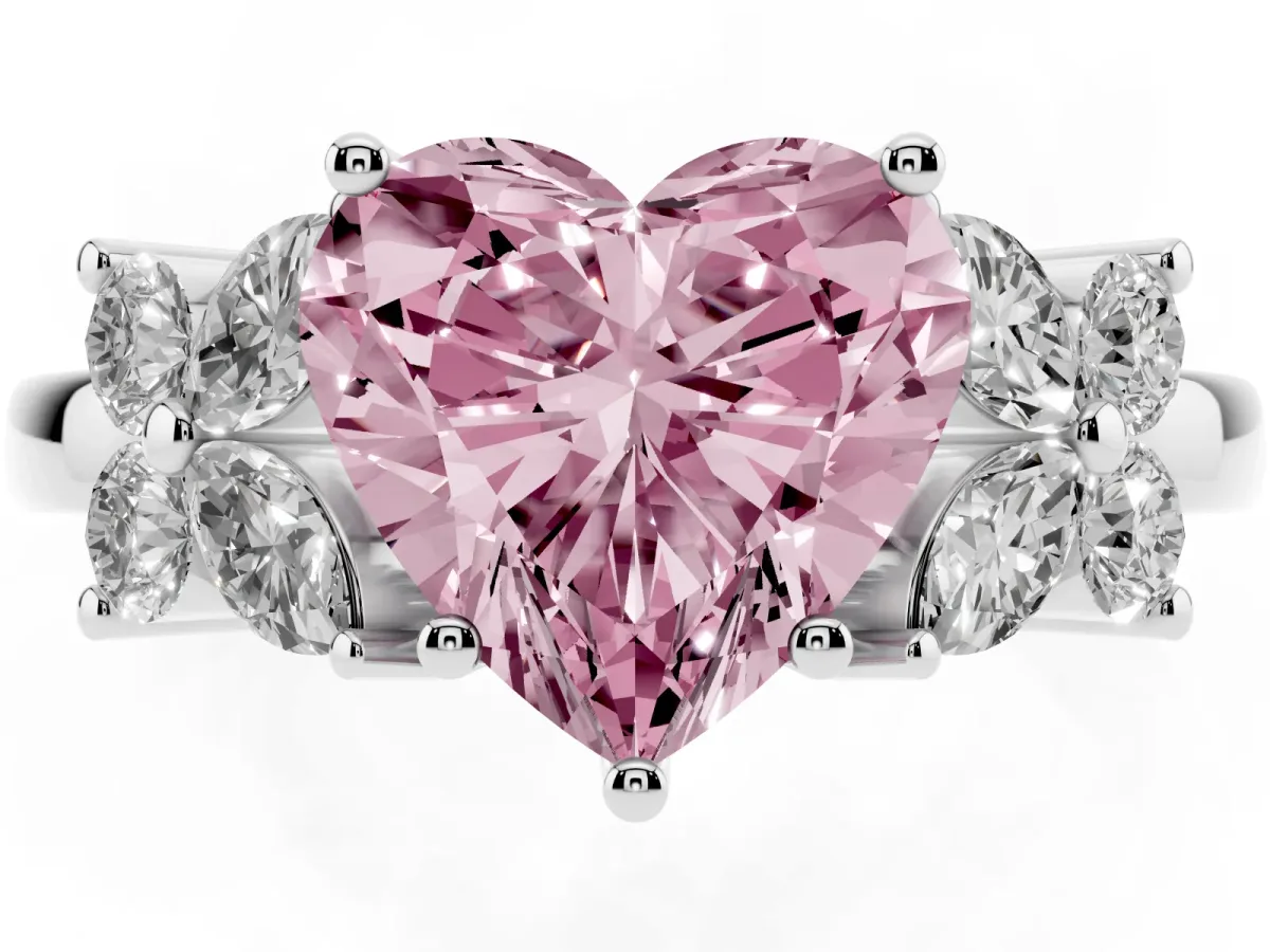 Fancy Pink Heart Cut Diamond Floral Cluster Ring with Solitaire Band and Prong Setting Platinum