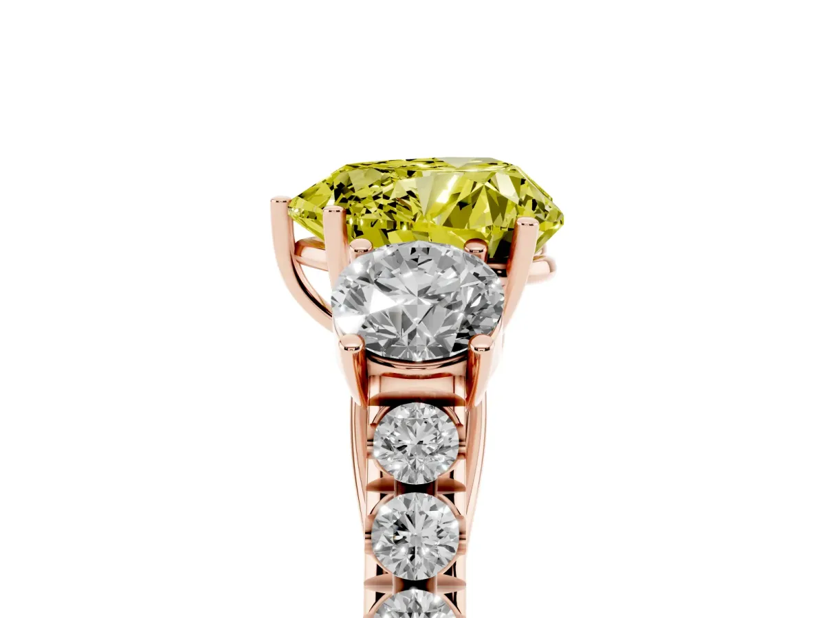 Fancy Yellow Heart Cut Cut Diamond Three-Stone Ring with Round Side Stones and Pavé Band Rose gold