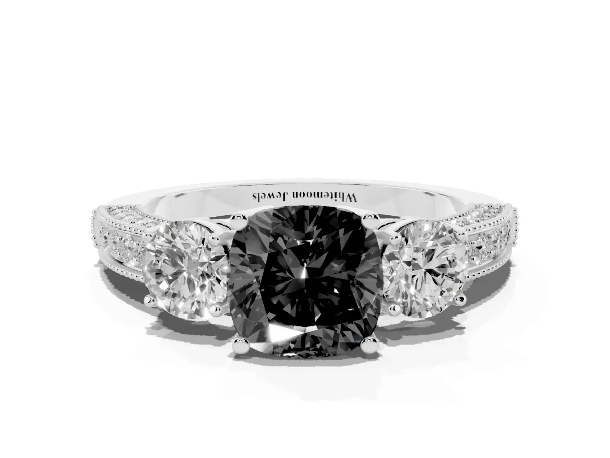 Fancy Black Cushion Cut Three-Stone Diamond Ring with Pavé Band and Four-Prong Setting Silver