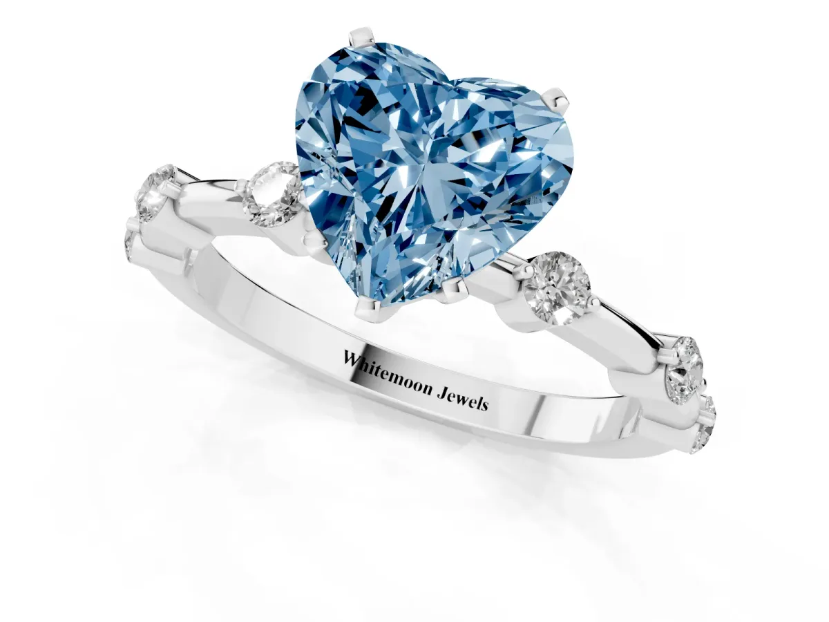 Fancy Blue Heart Cut Solitaire Diamond Ring with Bezel Set Side Stones and Prong Setting Silver